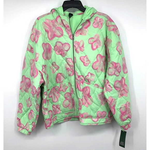 Wild Fable Jacket Hooded Quilted Green Pink Floral Full Zip - Picture 5 of 12